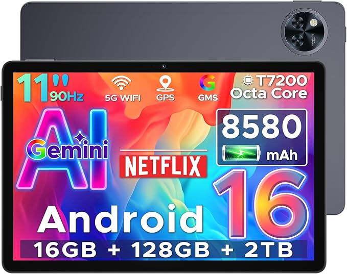 DOOGEE U11 Android 16 Tablet,11 Inch Tablet with Gemini AI,16GB+128GB/2TB,8580mAh Gaming Tablets,Unisoc T7200 Octa-Core,13MP+5MP Tablets,2.4G+5G WIFI/WidevineL1/3.5mm Audio/Face ID/OTG