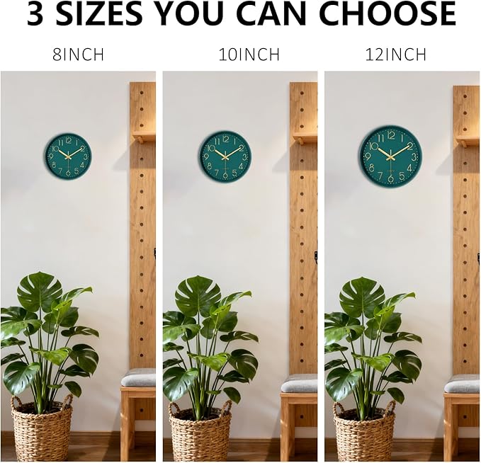 Silent Wall Clocks Battery Operated 8 Inch, Analog Wall Clock with Large Number Tempered Glass Clock Face, Dark Green Quartz Non Ticking Wall Clocks for Living Room Bedroom Kitchen Office