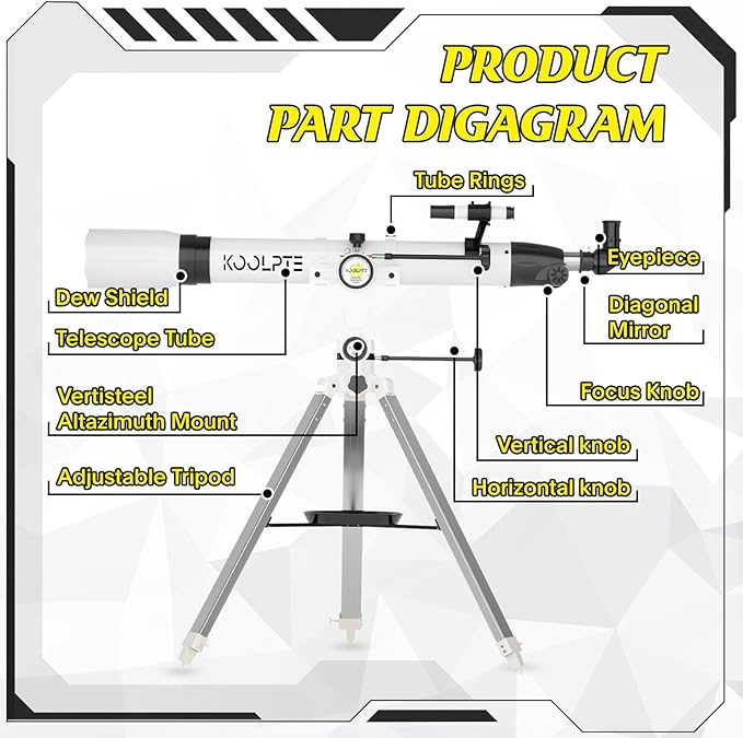 Telescope 90mm Aperture 900mm - Vertisteel AZ Mount Base, High Precision Adjustment, Magnification 45-450x, Wireless Remote, Phone Adapter - Ideal for Astronomy Enthusiasts and Beginners (White)
