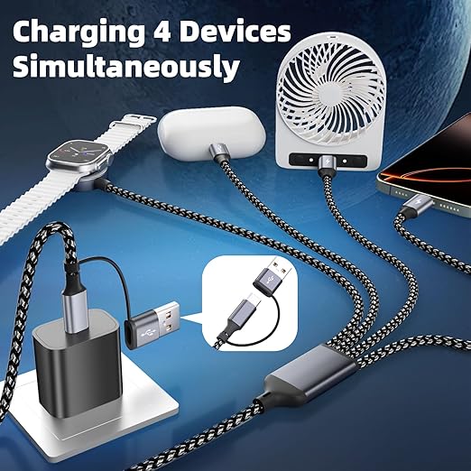 4 in 2 Charging Cable for Apple iWatch Charger with 3 Type-C Ports, Travel Essentials USB C Splitter Multi Charging Cable/Cord for iWatch Ultra/SE/10-1, iPhone17 16 15 14, Android, More -1Pack 5FT