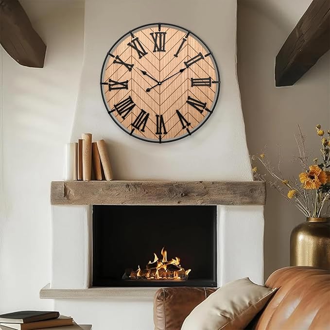 30 Inch Large Wooden Wall Clock – Extra Large FarmhouseWall Clock with 3D Roman Numerals & Herringbone Splicing, Brown Modern Wood Wall Clock for Living Room