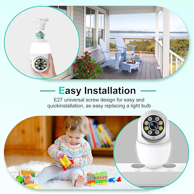 52HZ 2K Light Bulb Security Camera, 5G&2.4GHZ WiFi Lightbulb Security Cameras Wireless Outdoor Indoor, Two-Way Talk, Human Detection, Color Night Vision, Light Socket Security Camera Work with Alexa