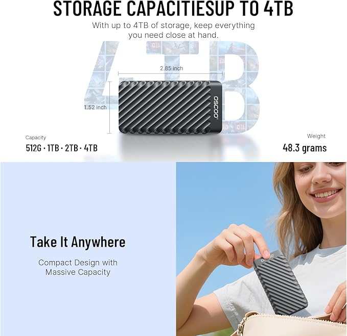 4TB External Hard Drive, Up to 2100MB/s, USB 3.2 Gen 2 Portable SSD, External Solid State Drive for Mac, Windows PC, Laptops, Gaming, iPhone — Ideal for File Backup, Content Creators & Videographers