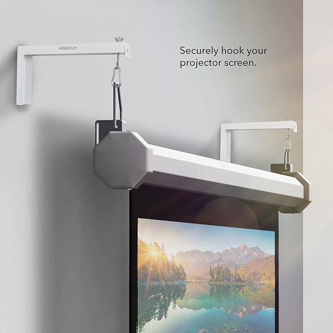 Mount-It! Projector Screen Wall Mount L-Brackets - Extra Large Wall and Ceiling Hanging Mount for Home Projector and Movie Screens, 12 inch Mounting Hooks, 1 Pair, White, 66 Lb Each Capacity