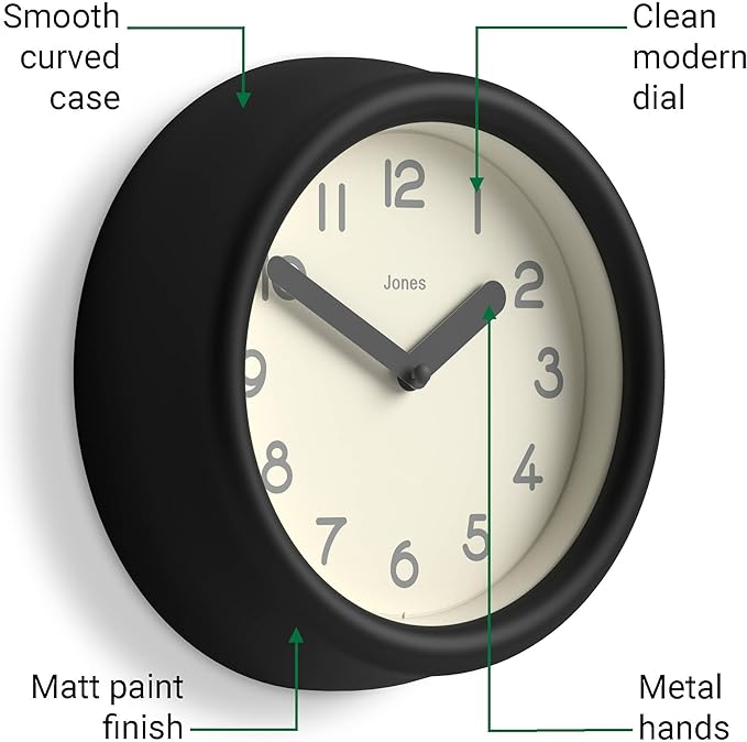 JONES CLOCKS® Fuze Wall Clock | Small Round Clock | Black | Playful Modern Design with Soft sculptural Presence | Ideal for Kitchens Living Rooms Kid's bedrooms