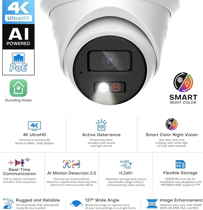 4K Outdoor Turret PoE Camera - 8MP Active Deterrent IP Camera w/Smart Color Night (98ft), 2-Way Audio, Human/Vehicle Detection, Full Metal IP67, 127° Wide Angle, 120dB WDR, Hik-Connect/SADP