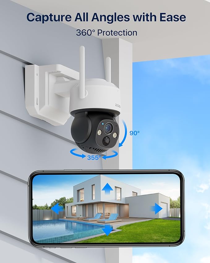 ZOSI C291 2 x 2.5K 4MP Wireless Battery Security Camera Outdoor, Solar Powered Pan/Tilt Camera, 360 View, PIR Human Detect, Color Night Vision, 2-Way Talk, Light Siren Alarm, 32GB Memory Card