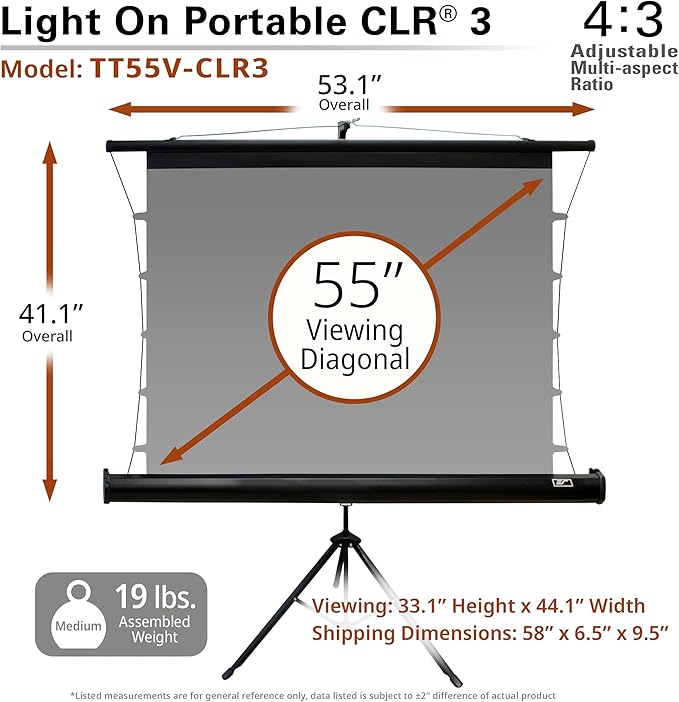 Elite Screens 55-Inch Upgraded ALR Portable Projector Screen with Tripod Stand, Height Adjustable, 4:3 Screen for Ultra Short Throw Projectors, Indoor Home Theater Movie Screen, TT55V-CLR3-F