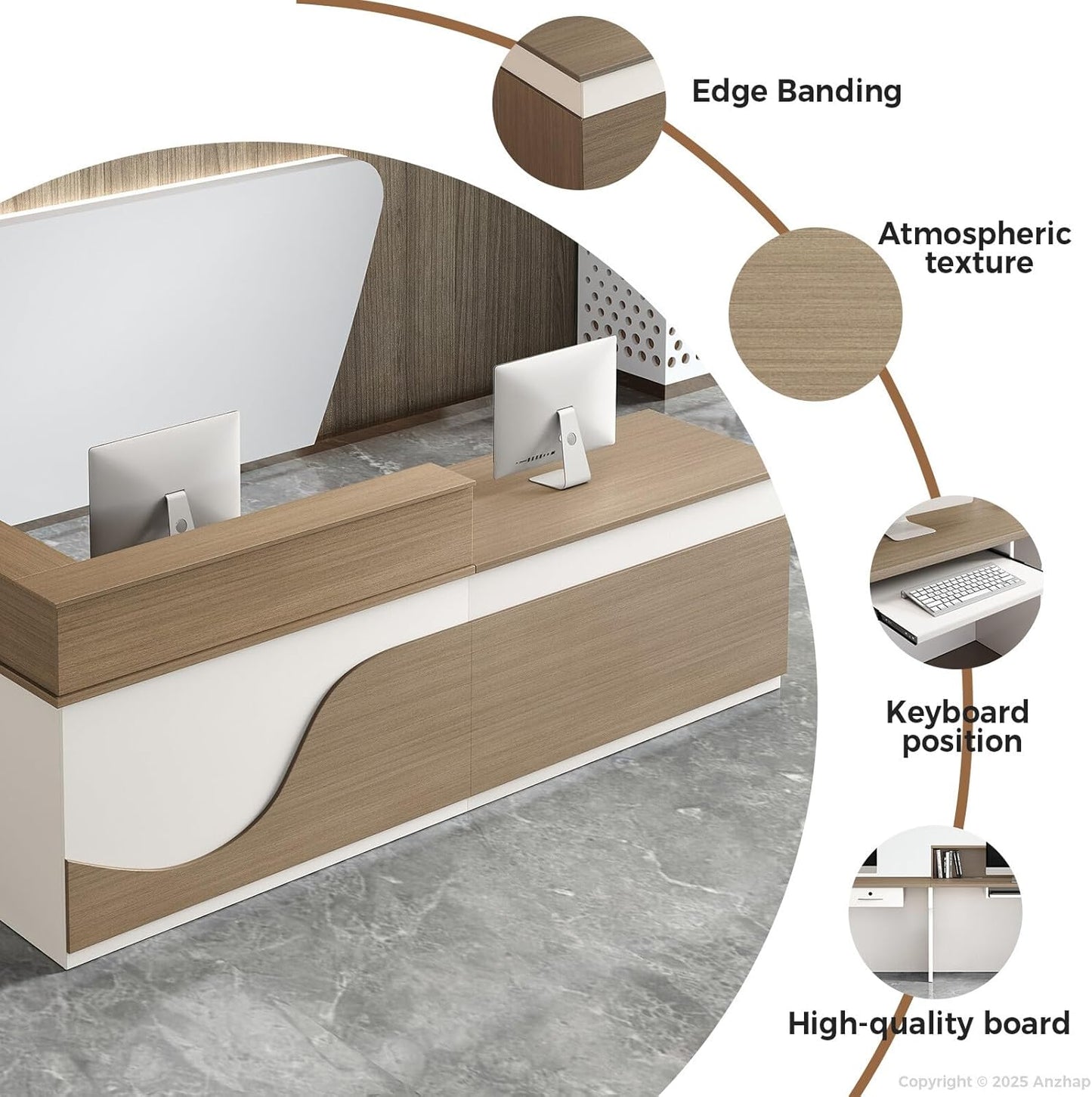 Modern Reception Desk – L Shaped Front Desk Checkout Counter with Drawers, Storage Cabinet and Double-layer tabletop for Office, Salon, Lobby, Cashier (White+Natural/Right, 79"L * 24"W * 39"H)