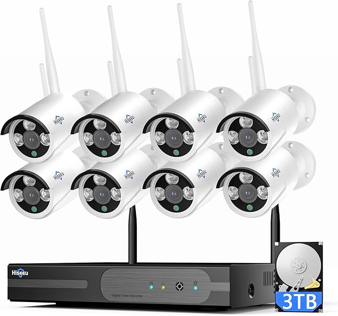 Hiseeu 4K Home Security Camera System, 24/7 Recording, 16CH NVR Kit, Corded Powered 8Pcs 8MP Outdoor Wireless WiFi Cameras, Color Night Vision, Two-Way Audio, Motion Detection, 3TB HDD, 2.4G & 5GHz