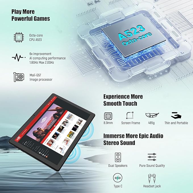 Tablet 10 Inch, Android 14 Tablet PC, 8GB RAM+64GB ROM (1TB TF), Octa-Core 2.0 GHz, Bluetooth 5.0, WiFi 6, Widevine L1, 5MP+8MP, 5000mAh,Type-C (Black, 10)