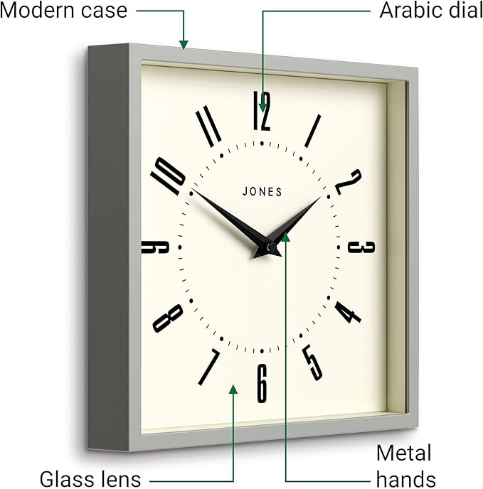 JONES CLOCKS® Box Wall Clock | Retro Square | 10 inch | Gray | Easy to Read Numbers | Perfect Kitchen or Office Clock