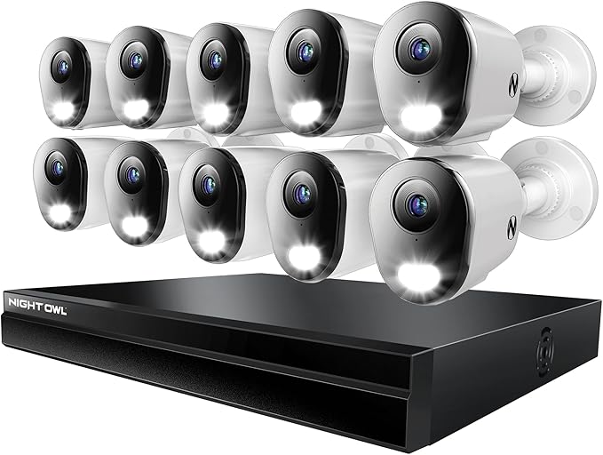 Night Owl Power Over Ethernet 24 Channel NVR Video Home Security Camera System with (10) Wired IP 4K HD Indoor/Outdoor Deterrence Bullet Cameras and 4TB Hard Drive (10 Camera Bullet)