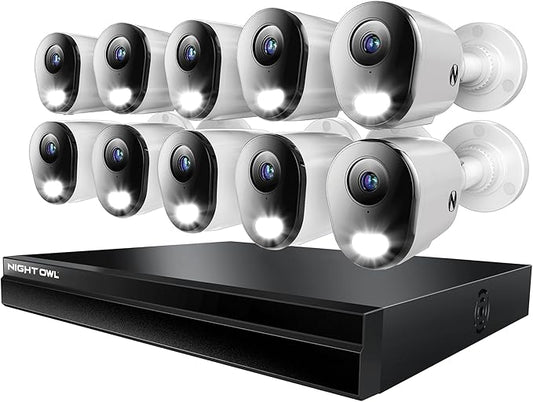 Night Owl Power Over Ethernet 24 Channel NVR Video Home Security Camera System with (10) Wired IP 4K HD Indoor/Outdoor Deterrence Bullet Cameras and 4TB Hard Drive (10 Camera Bullet)