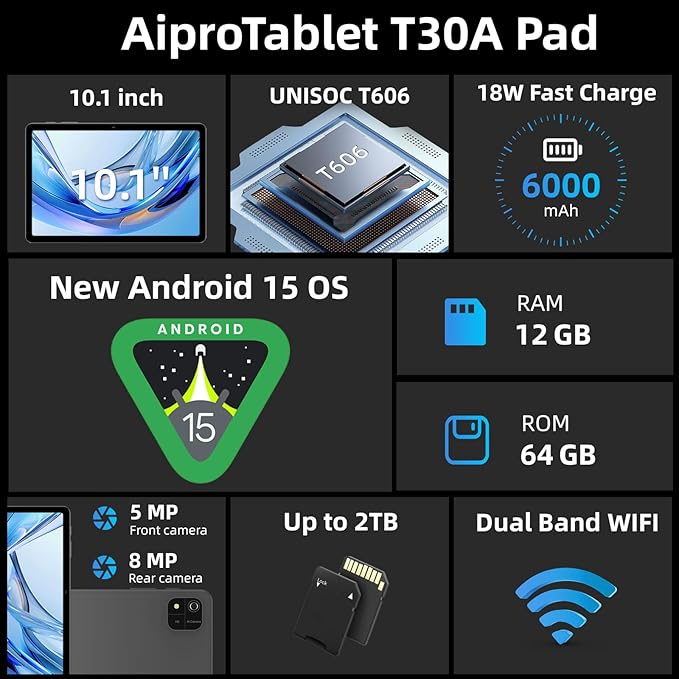 Tablet, 10 inch Android 15 Tablet with Octa-Core Processor, 12GB RAM 64GB ROM 2TB Expand, 1280x800 HD Touchscreen, GPS, WiFi 5, Dual Camera, BT5.0, 6000mAh, Widevine L1 (Black)