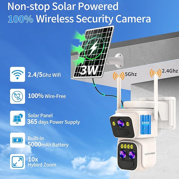 Triple-Lens Solar Security Cameras Wireless Outdoor,360°PTZ Cameras for Home Security with 10x Hybrid Zoom,5G/2.4G WiFi,No Month Fee,PIR Alarm,Full Color Night Vision, Two-Way Audio,IP65