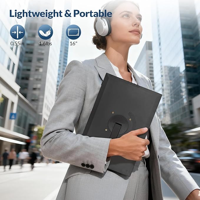 LR Portable Monitor, 16” 1920 * 1200P FHD IPS Screen 16:10, 1500:1 Contrast Ratio, USB-C HDMI Travel Monitor with Rotating Stand, External Second Display for Laptop/PC/Mac/Phone/Switch/Xbox/PS4/5