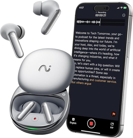 RecDot AI Voice Recorder Earbuds, viaim AI Meeting Assistant with Transcription, 78 Languages, FlashRecord, to-Do Lists & Summaries with viaim AI, 48dB ANC for Meetings, Interviews & Lectures, Sliver