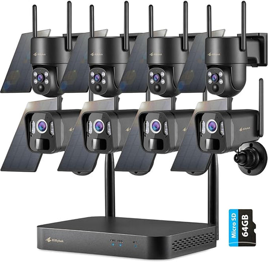 Kittyhok Solar Powered Security Camera System | 4pcs Bullet Solar Camera, 4pcs PT Solar Security Camera Outdoor, Solar Power, Human Detection, Spotlight, 10CH NVR, Local Storage, No Monthly Fees