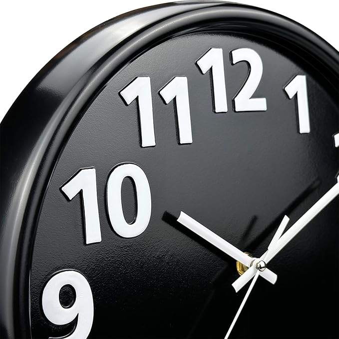 Plumeet 12'' Wall Clock, Battery Operated Wall Clocks Silent Non-Ticking Quartz, Modern Style Suitable for Bedroom Living Room Office Decor - 3D Numbers Display Easy to Read, Black
