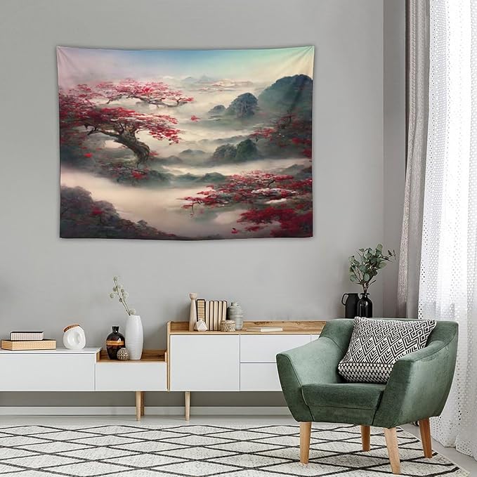 Houselerax Japanese Tapestry, Red Plum Cherry Blossom Mountain Tapestries, Asian Japanese Wall Decor, Nature Landscape Tapestries for Bedroom Living Room Decor 40"x30"
