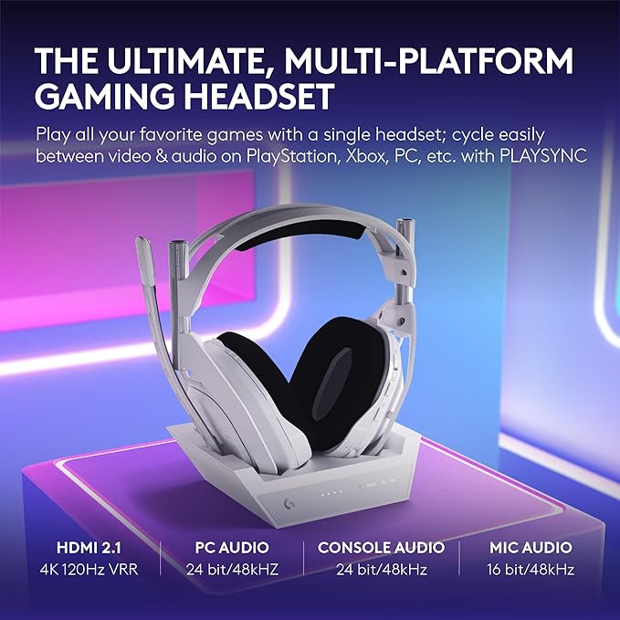 Logitech G Astro A50 X Multi-Platform Wireless Gaming Headset + Base Station for PS5/Xbox/PC: PLAYSYNC Video & Audio Switcher, HDMI 2.1 4K 120Hz VRR, <24bit/48kHz, 24hr Battery, 2.4GHz & BT - White