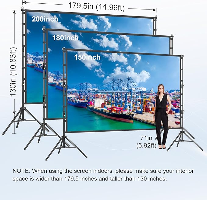 200 inch Projector Screen with Stand,HUANYINGBJB Outside Projection Screen, Portable 16:9 4K HD Rear Front Movie Screen with Carry Bag for Theater Backyard Movie Night,Cinema School, Churches