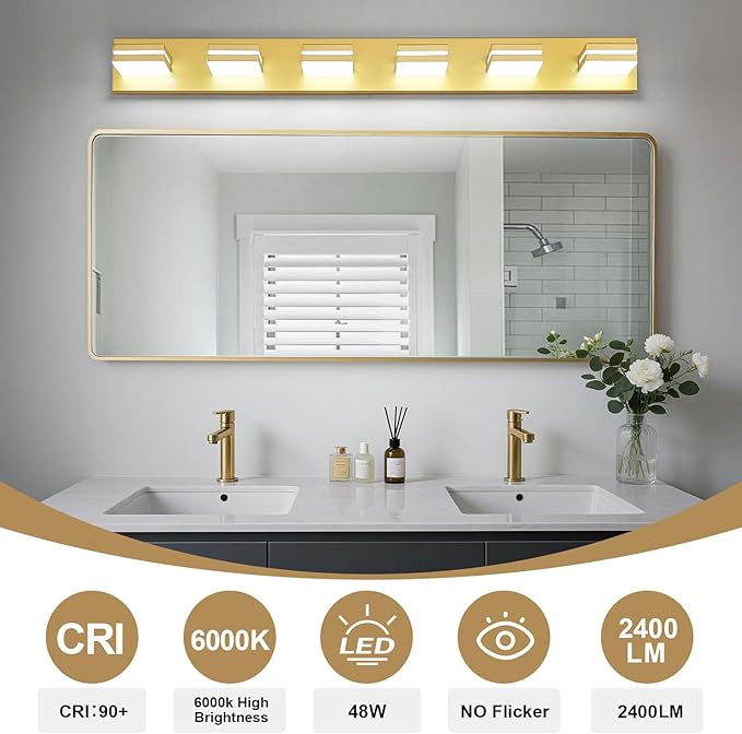 Modern LED Bathroom Lights Fixtures(6-Light),Metal Gold Acrylic Wall Lighting,Vanity Lights for Bathroom Over Mirror(6000k 41in)