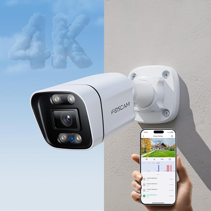 FOSCAM 4K 8MP IP PoE Security Cameras Wireless Outdoor, V8EP Surveillance Camera for Home Security, 120° FoV, 20x Zoom, AI Detect Human/Vehicle, 66FT Color Night Vision,Siren Alert,2-Way Audio,IP66