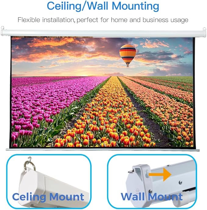 100 Inch Motorized Projector Screen - 16:9 HD Electric Movie Screen with Remote Control, Wall/Ceiling Mounted for Home Theater, Office, Wrinkle-Free Projection Screen for Indoor Use (White)