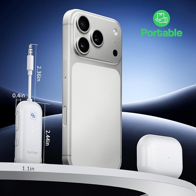 2026 Upgraded Airplane Bluetooth 5.4 Transmitter Bluetooth Adapter, ElecMoga Airplane Travel Essentials Supports 2 AirPods or Headphones, 2-in-1 AUX Wireless Transmitter Receiver for TV, Car, White