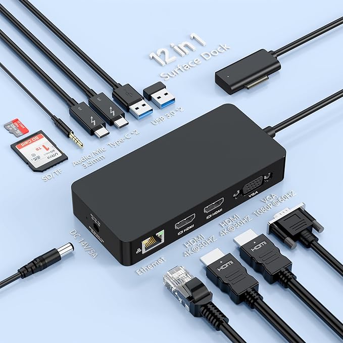 Surface Docking Station, 12-in-1 Surface Dock Triple Displays Dual HDMI 4K@60HZ+VGA, Surfac-e Pro Docking Station with Power Supply for Surfac Pro 11/10/9/8/X/7/6/5/4/3, Book, Laptop, Go Dock