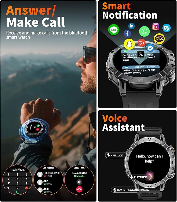 LIGE Smart Watches for Men 1000mAh Battery/LED Flashlight/3 Straps, 1.7" Ultra HD Screen Outdoor Smartwatch with 111 Sports Modes, Bluetooth Call 5ATM Waterproof Fitness Tracker Android iOS,Silicone
