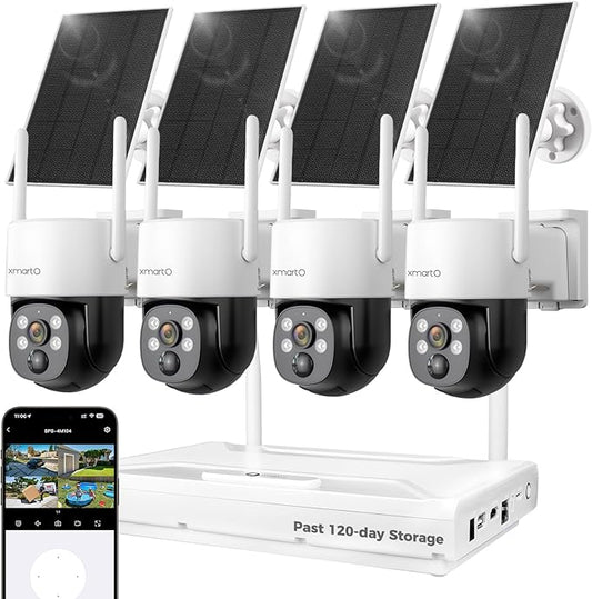 XMARTO Solar Camera Outdoor Wireless, 4 PCs QHD 4MP Wireless PTZ Security Camera System with 4K 10CH Expandable WiFi NVR, All-Weather Solar Charge, Two-Way Audio, PIR Sensor, 360° View, No Monthly Fee