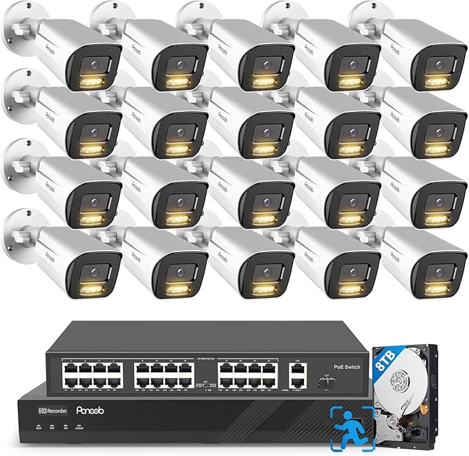 32 Channel 4K Security Camera System, 20x 8MP PoE Bullet Cameras with Spotlight Color Night Vision, Two-Way Audio, AI Human/Vehicle Detection, 4K NVR 8TB Storage, Remote Access, PB65A2032-8MD-1
