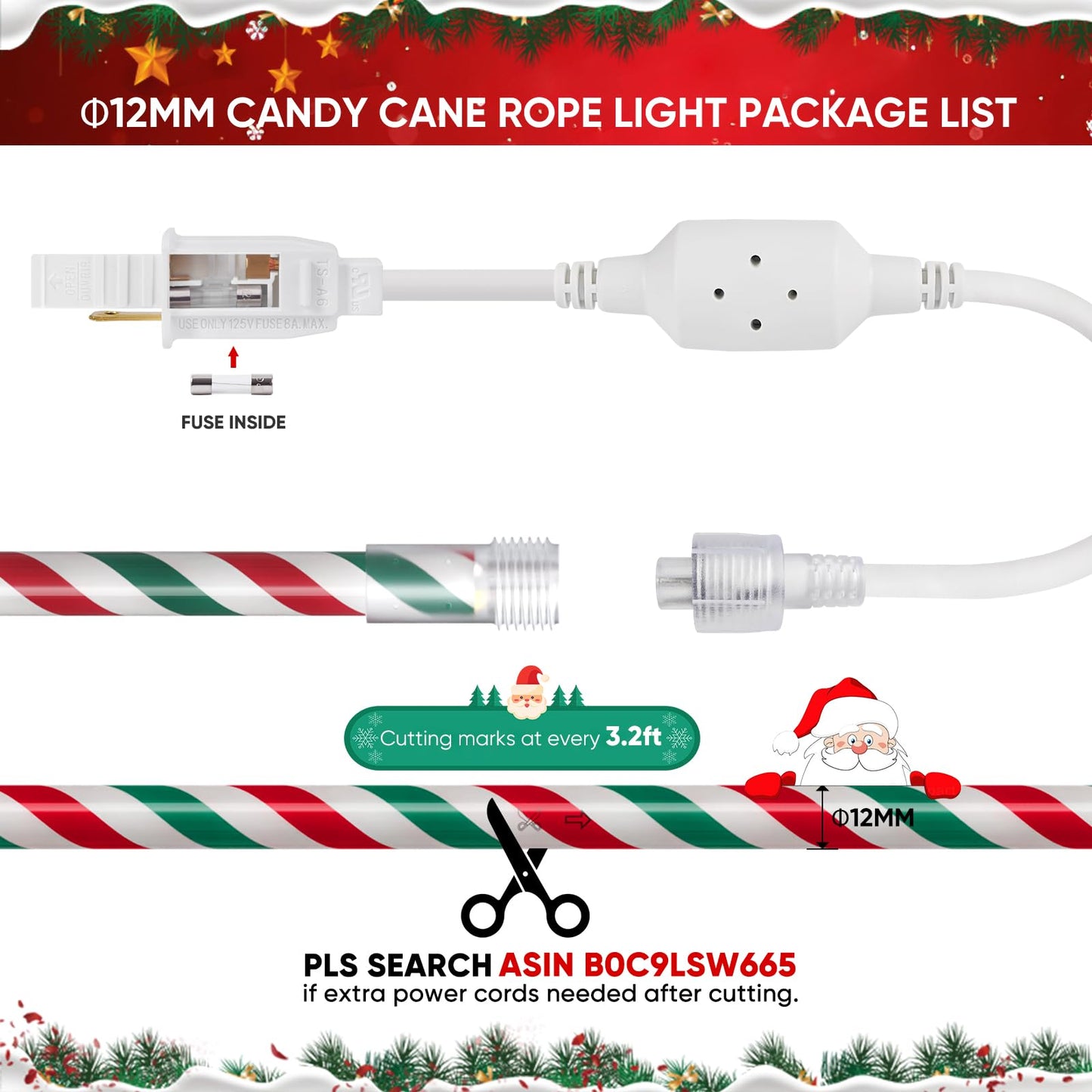 Shine Decor LED Rope Light, 50ft Cool White Red Green, IP65 Waterproof, 4°F Cold Resistant, Model 061cd6ea-2a73-4bd9-a585