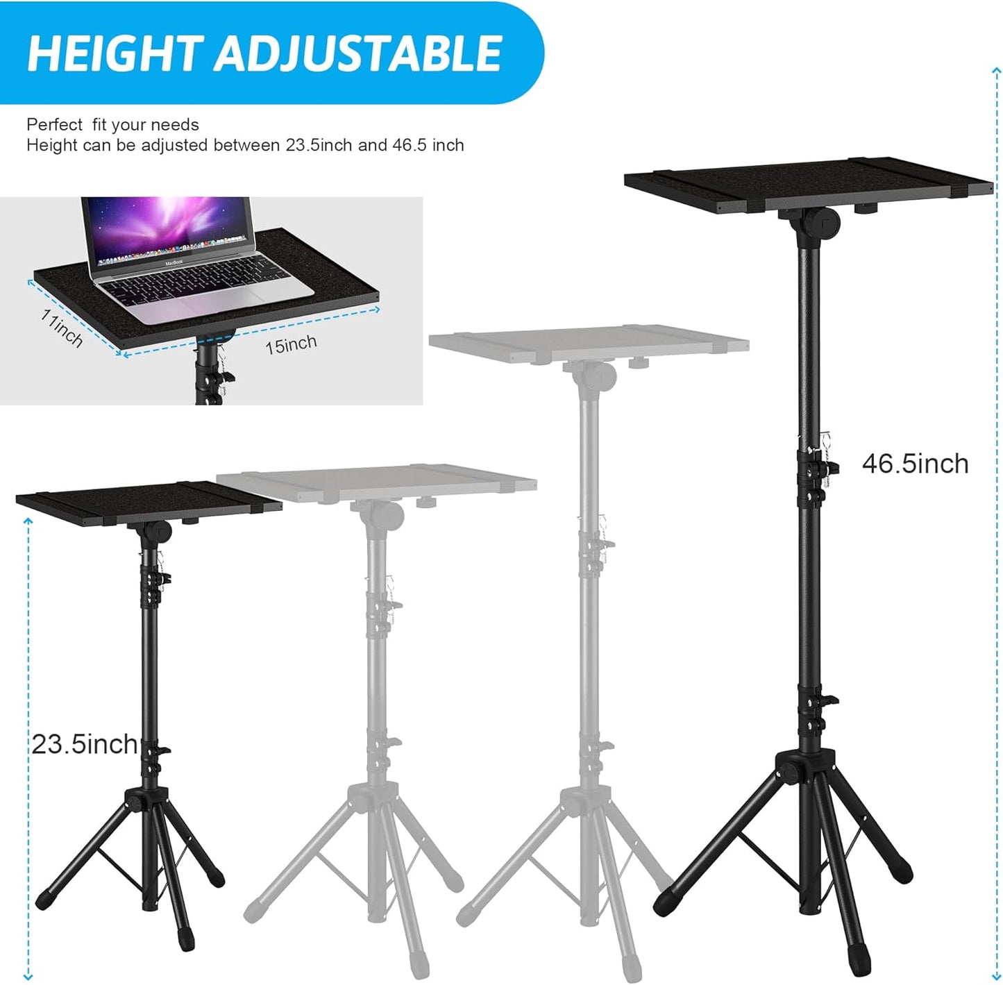 Projector Stand Tripod Adjustable, Laptop Height from 23.5 to 46.5 inches with Gooseneck Phone Holder, Floor for Office, Home, Stage, Studio, DJ Racks Holder Mount, 23.5inch-46.5inch