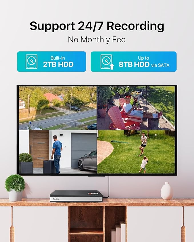 ZOSI 16 Channel Security Camera System,8 x 1080P Outdoor Indoor Weatherproof Wired Cameras,AI Human Vehicle Detection,Night Vision,H.265+ 16CH 2.0MP HD-TVI CCTV DVR with 2TB HDD for 24/7 Recording