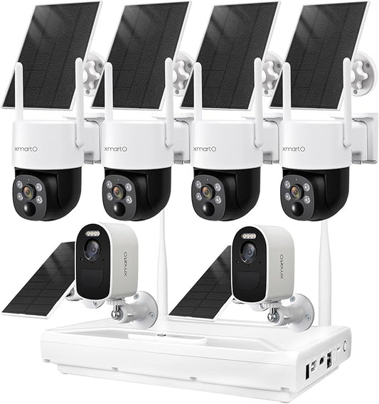 XMARTO 100% Wire-Free Solar PTZ Home Security Camera System Wireless, 4-Set 2K 4MP QHD CCTV Camera Kit + 2PCS Wire-Free Solar Security Camera