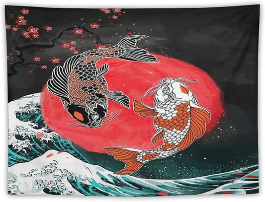 Houselerax Koi Fish Tapestries,Japanese Style Yin Yang Big Wave Cherry Blossoms Tapestry Wall Hanging for Bedroom Living Room Office Decor 60"x40"