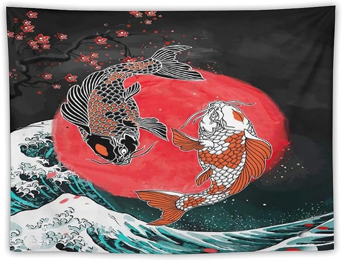 Houselerax Koi Fish Tapestries,Japanese Style Yin Yang Big Wave Cherry Blossoms Tapestry Wall Hanging for Bedroom Living Room Office Decor 40"x30"