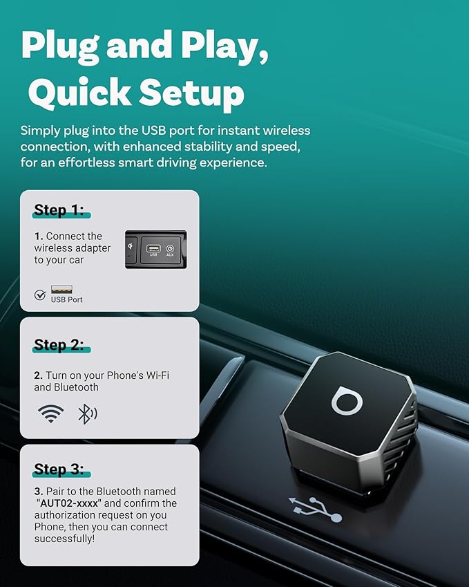 OTTOCAST Mini 3.0 Black 2-in-1 Wireless CarPlay & Android Auto Adapter – Plug & Play for iPhone/Android, Dual-Phone Memory, Dual-Band WiFi (2.4/5GHz), Auto-Reconnect