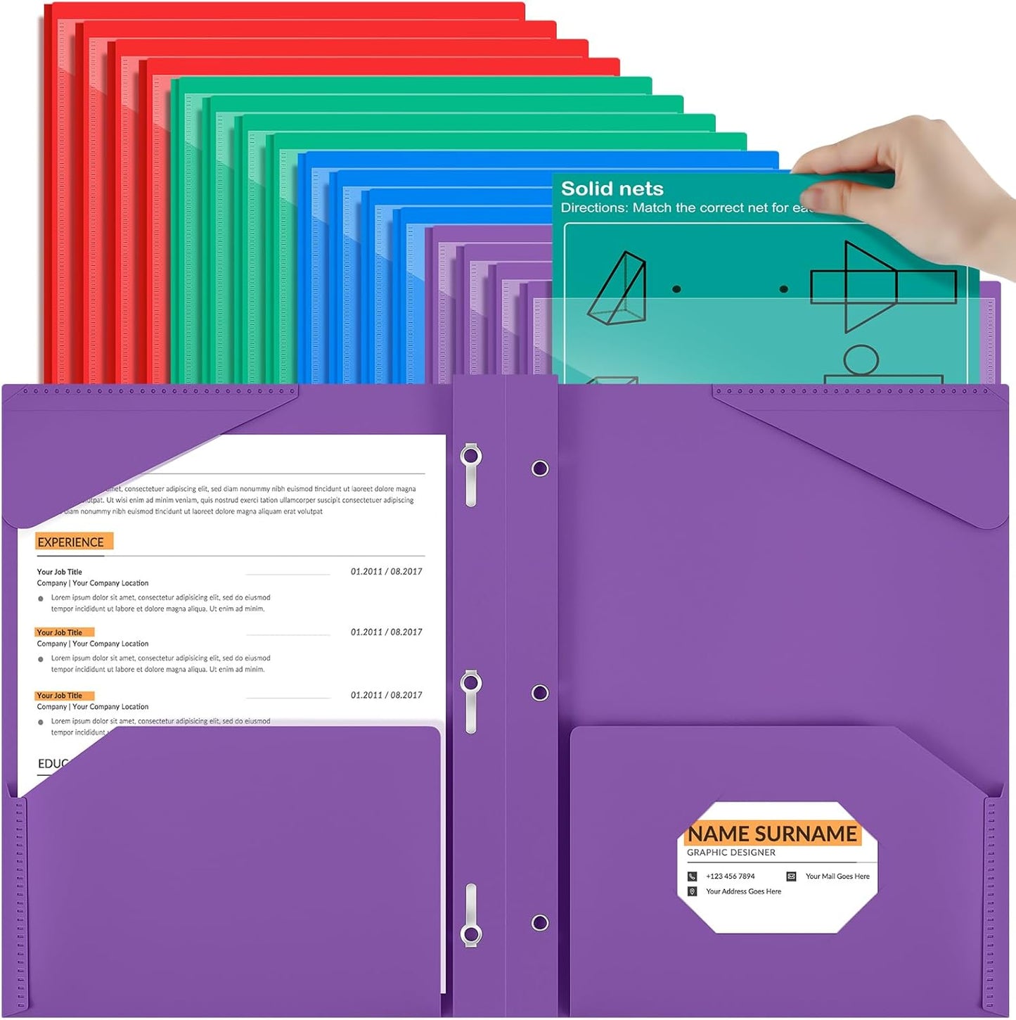 Henoyso 36 Pcs Plastic Folder with Clear Front Pocket and 3 Prong Plastic Folders with Card Slot Pocket Folders with Prongs for School Office (Multicolor)
