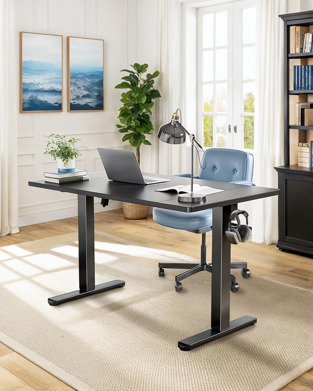 HUANUO 55 x 24 inch Electric Standing Desk, Height Adjustable Table with Headphone Hooks & Cable Manager, Sit to Stand up Desk for Home Office, Black