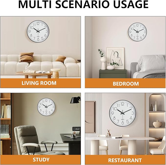 Silent Wall Clocks Battery Operated 8 Inch, Analog Wall Clock with Oversized Number Tempered Glass Clock Face, Black Quartz Non Ticking Wall Clocks for Living Room Bedroom Kitchen Office