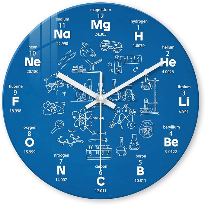 XNM Modern Blue Chemical Clock for Classroom Glass Analog Small Science Wall Clocks Battery Operated 12 Inch Round Silent Wall Clock for Study Room