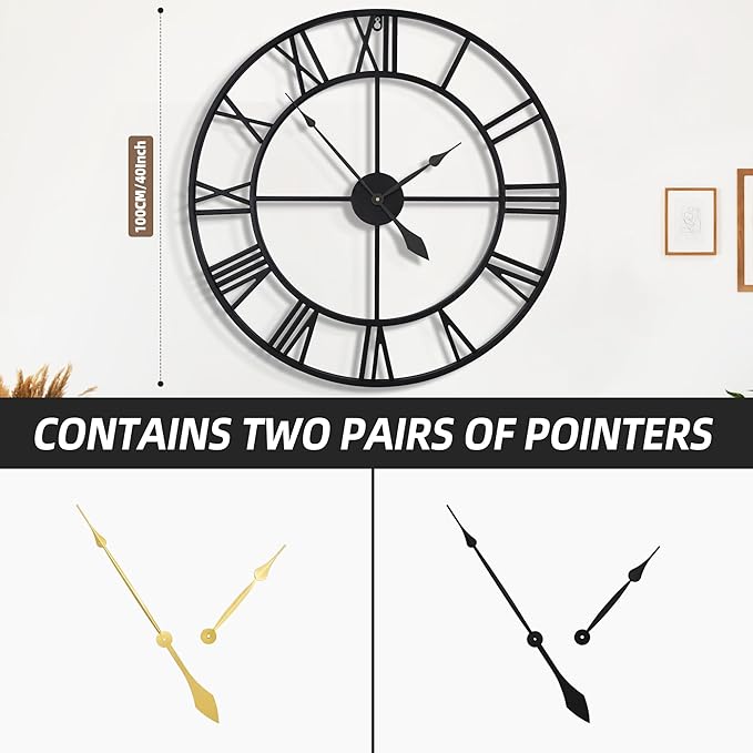 40 Inch Large Wall Clock, Oversized Modern Round, Black Metal, Noiseless, Almost Non-Ticking Battery Operated, Roman Numerals, Clocks for Living Room, Bedroom, Wall Clock Decoration
