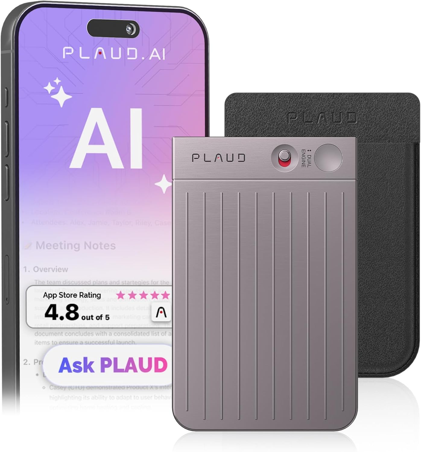 AI Voice Recorder, Note Voice Recorder w/Case, App Control, Transcribe & Summarize with AI Technology, Support 112 Languages, 64GB Memory, Audio Recorder for Lecture, Meeting, Call, Interview