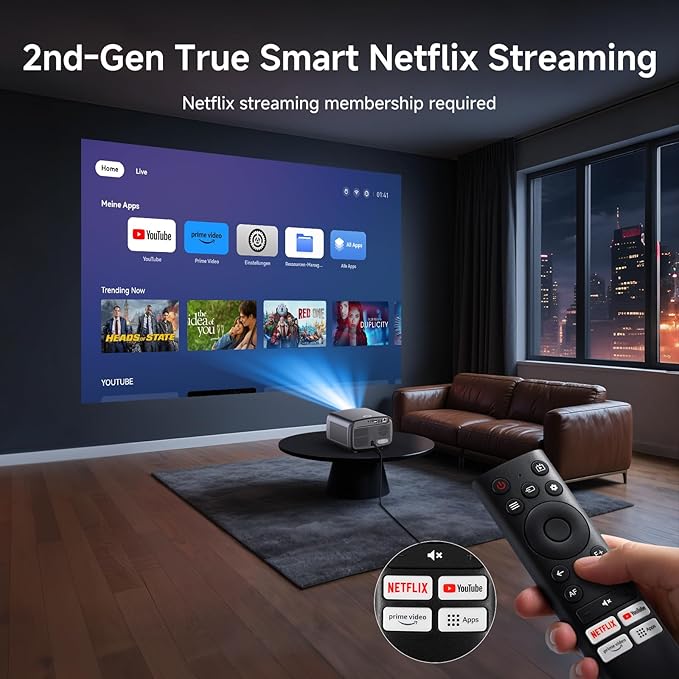 [2500 ANSI/Auto Focus/Built-in APPS] Smart Projector 4K with WiFi 6 and Bluetooth 5.3, 6D Keystone Outdoor Movie Projector with Netflix& 36W Dolby Audio Plus HDR10+ Home Theater Ceiling 2025 Upgraded