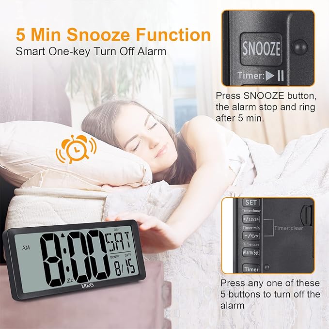 XREXS Large Digital Wall Clock, Battery Operated Alarm Clocks for Bedroom Home Decor, Count Up & Down Timer, 14.17 Inch Large LCD Screen with Time/Calendar/Temperature Display (Batteries Included)